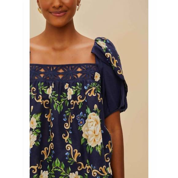 NEW FARM RIO flower tapestry yoke blouse in blue navy - Picture 5 of 5